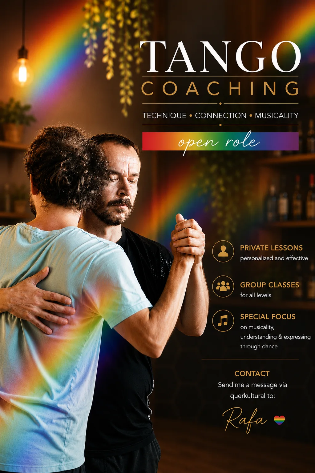 Zwei Männer beim Tango mit Regenbogenlicht.