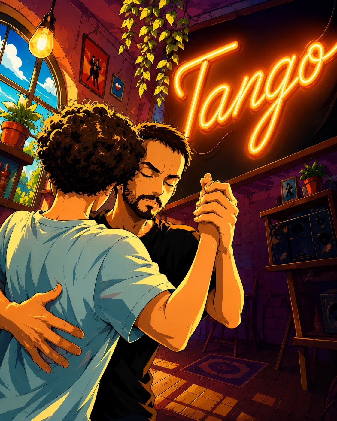 Illustration zweier Männer beim Tango in warmer urbaner Atmosphäre.
